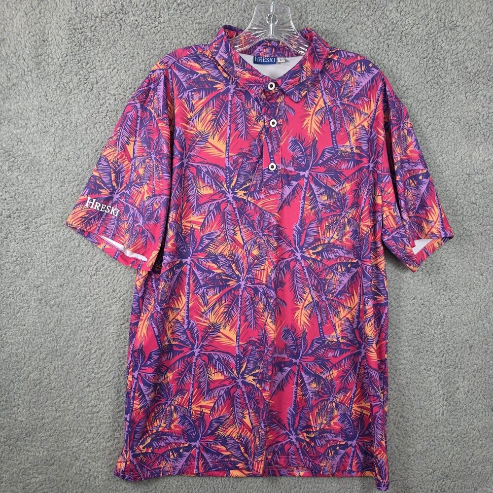 Hreski Shirt Men's Large Performance Golf Polo Loud Colorful Hawaiian Tropical